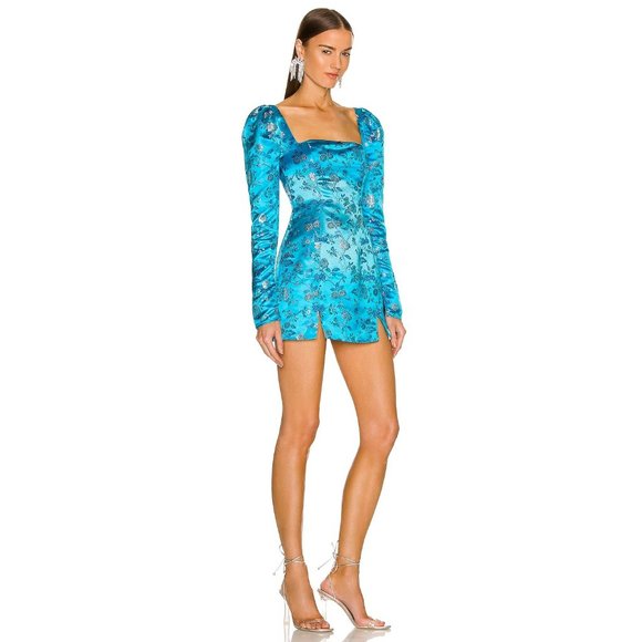 SAU LEE Jen Mini Dress Chinese Jacquard Aquamarine Floral Teal sz US 2 - Picture 2 of 10
